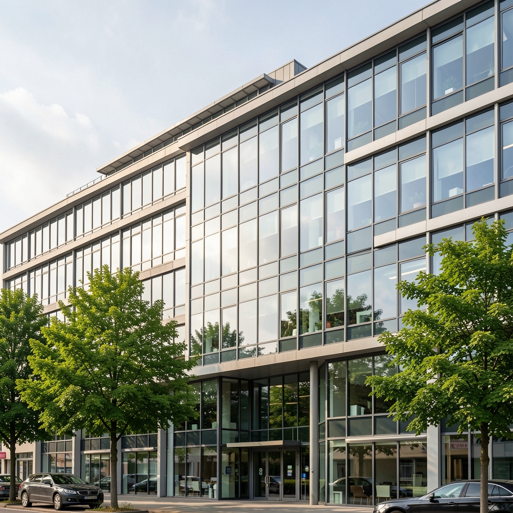 Helles offenes Bürogebäude von außen mit großen Glasfronten und grünen Bäumen davor — sachliche Architekturaufnahme eines modernen Stadtgebäudes in Deutschland