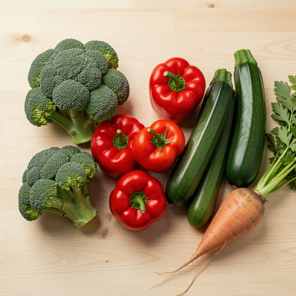 Frische Gemüsevielfalt auf einem hellen Holztisch — Brokkoli, Paprika, Zucchini und Wurzelgemüse in einer dokumentarischen Draufsicht