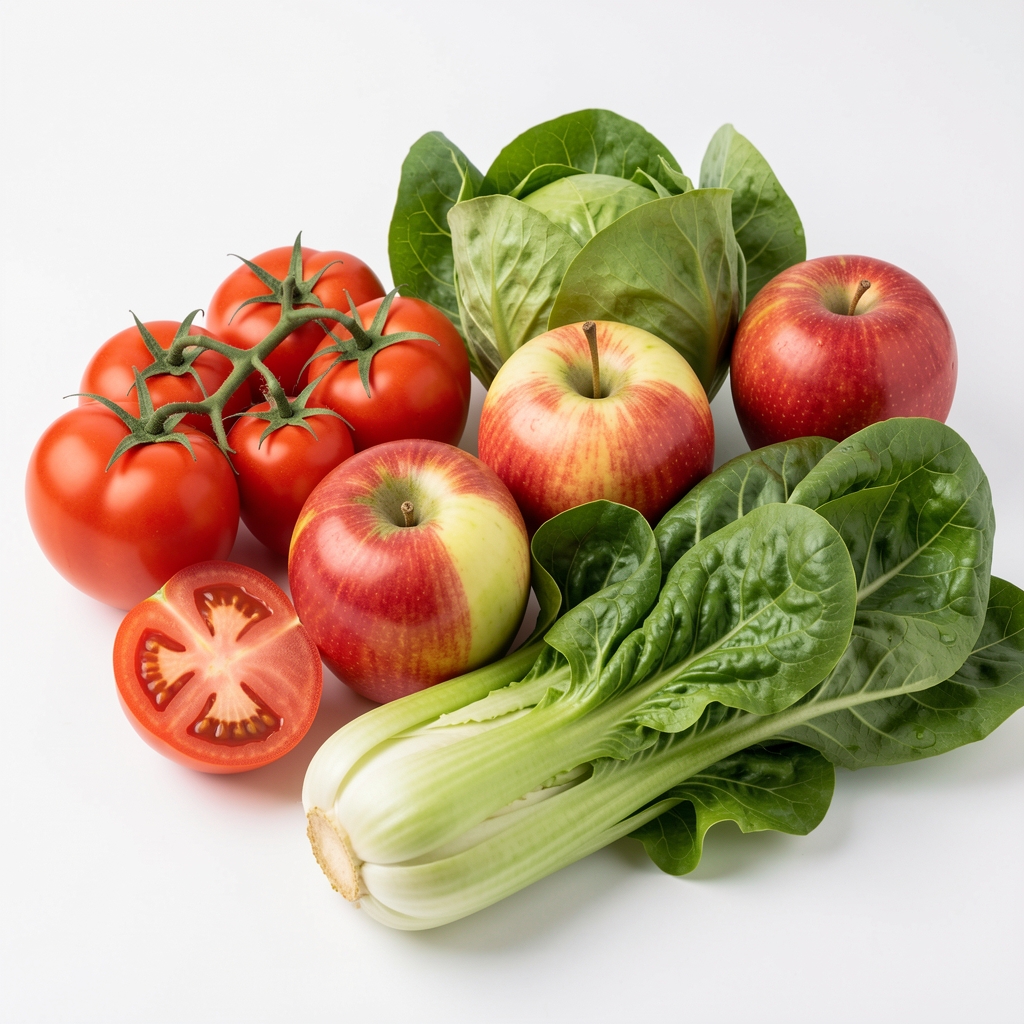 Nahaufnahme verschiedener frischer Gemüse- und Obstsorten auf weißem Hintergrund — wissenschaftliche Inventardarstellung von Tomaten, Äpfeln und Blattgemüse